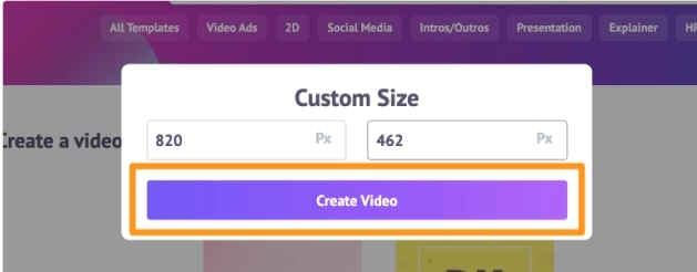 Selecciona las dimensiones de píxeles y haz clic en Crear video